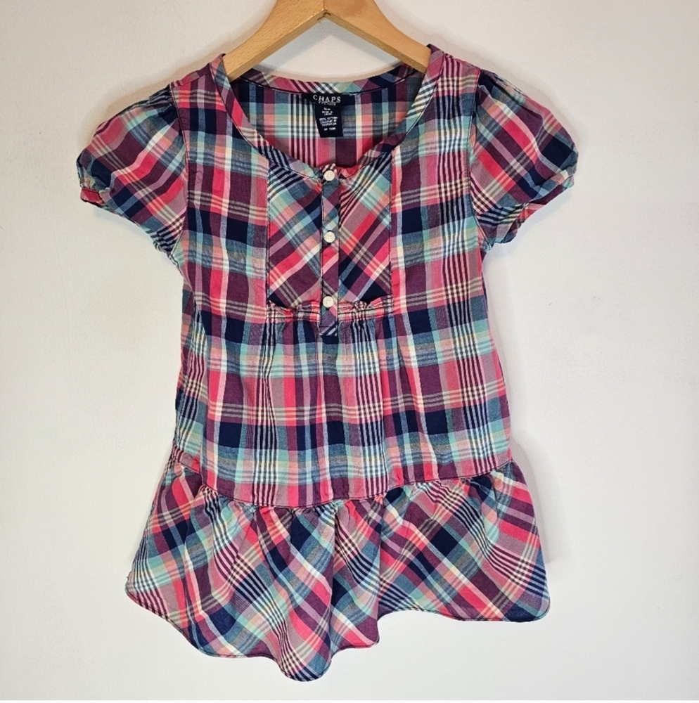 Chaps Girl's Pink and Blue Plaid Ruffle Hem Dress Size 6X